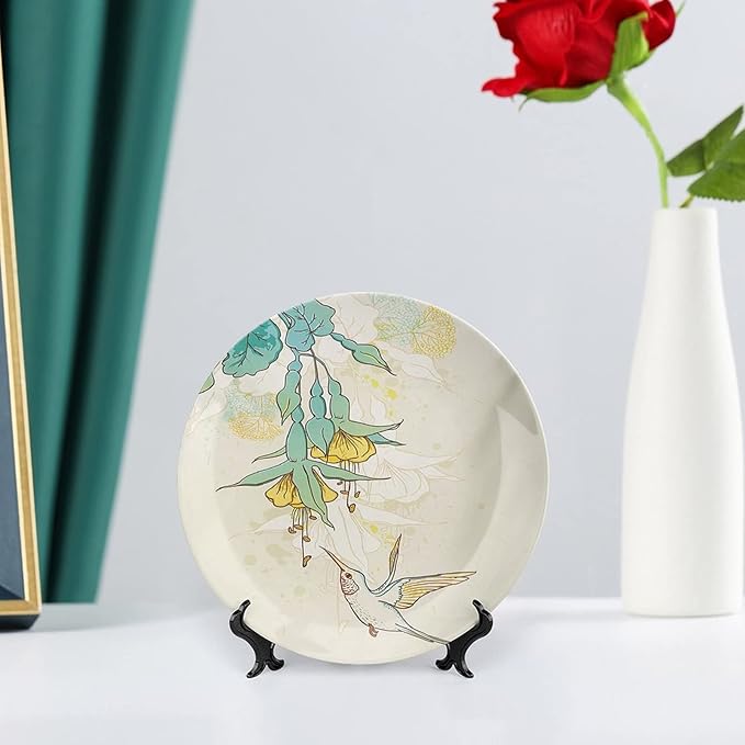 8 Inch Decorative Plate, Hummingbird Ceramic Stoneware, Hummingbird and Tropical Flowers Summertime Print Ceramic Wall Hanging for Fine Dining For Upscale Events, Dinner Parties, Weddings, Catering