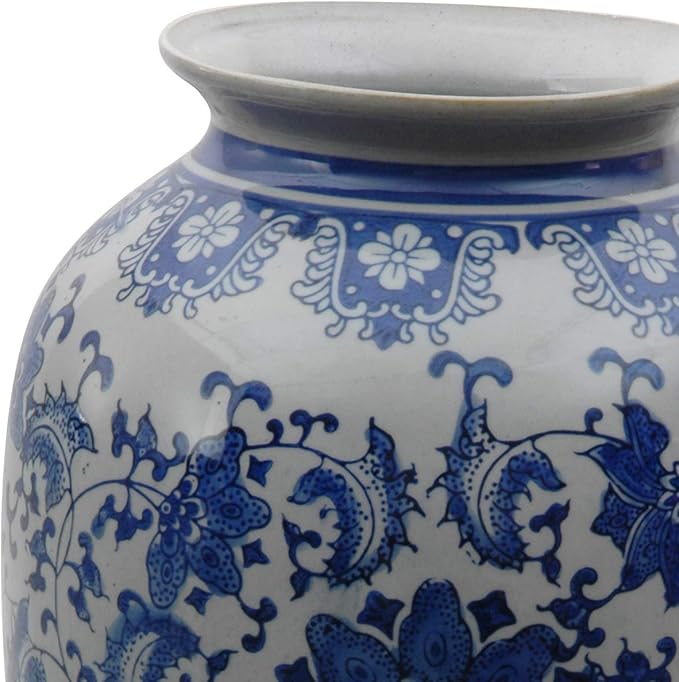 Red Lantern 14" Floral Blue & White Porcelain Tung Chi Vase