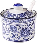 123Arts Ceramic Blue and White Sugar Bowl Spice Jar with Lid Spoon Seasoning Pot