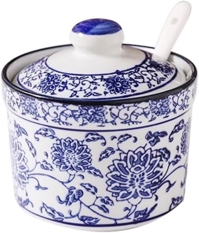 123Arts Ceramic Blue and White Sugar Bowl Spice Jar with Lid Spoon Seasoning Pot