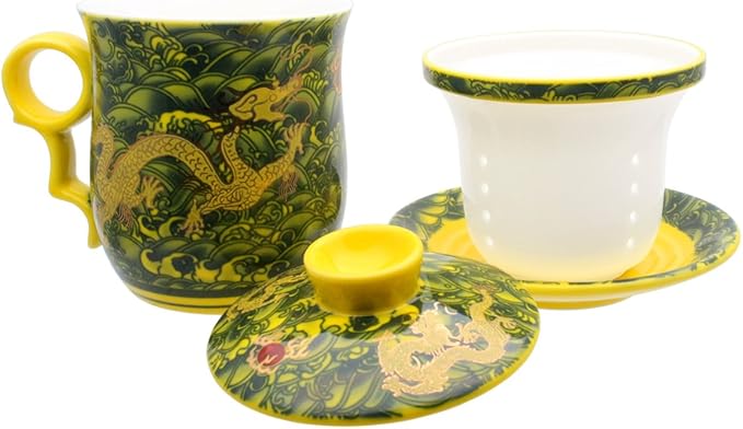 Porcelain Tea Cup with Infuser Lid and Saucer Sets - Chinese Jingdezhen Ceramics Coffee Mug Teacup Loose Leaf Tea Brewing System for Home Office