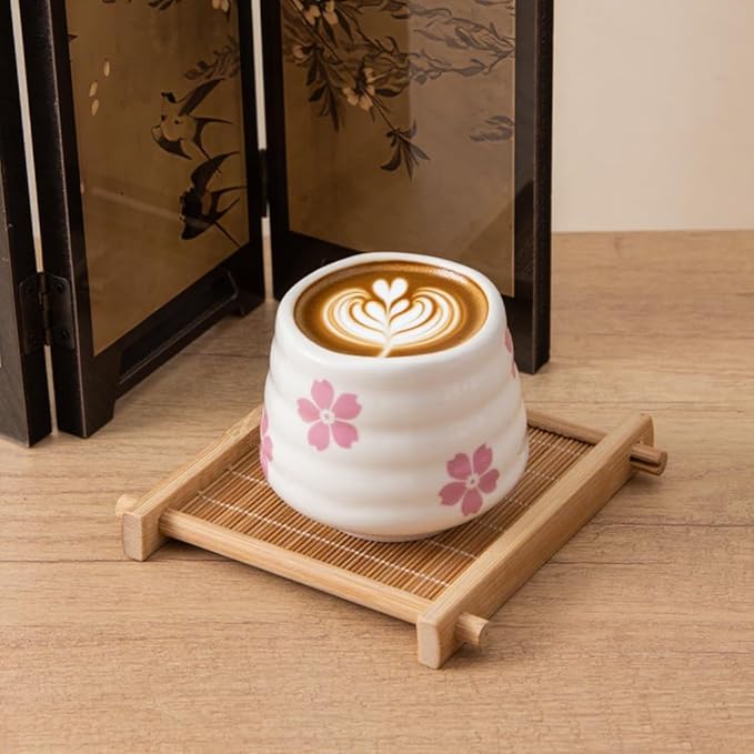 4pcs Japanese Tea Cup Set – 160ml 5.4OZ Ceramic Matcha Cup, Small Handless Espresso Cups, Cute Coffee Mugs for Valentine (Sakura)