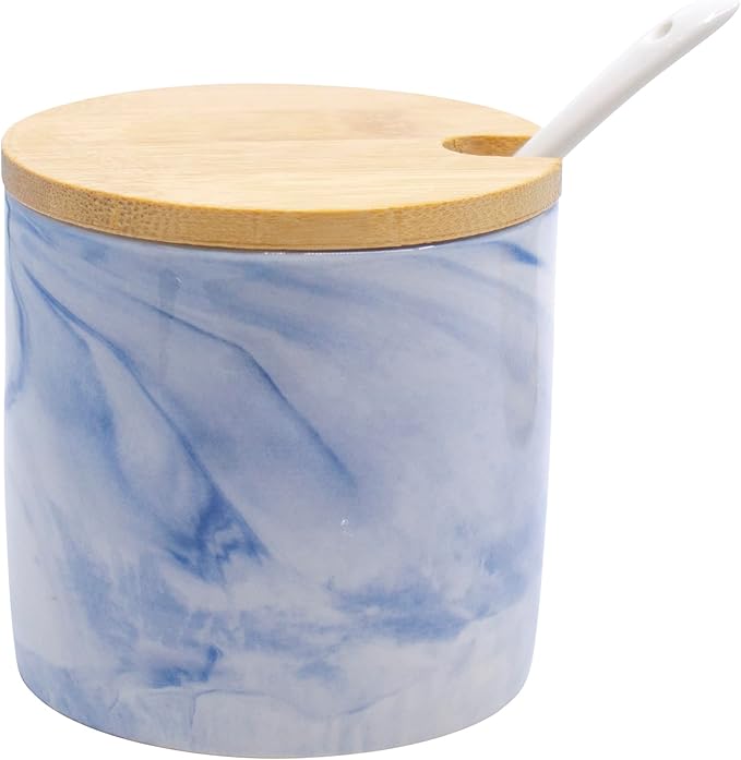 Set of 3 Marble Ceramic Condiment Spice Jars With Spoons and Bamboo Lids and Tray (Blue)