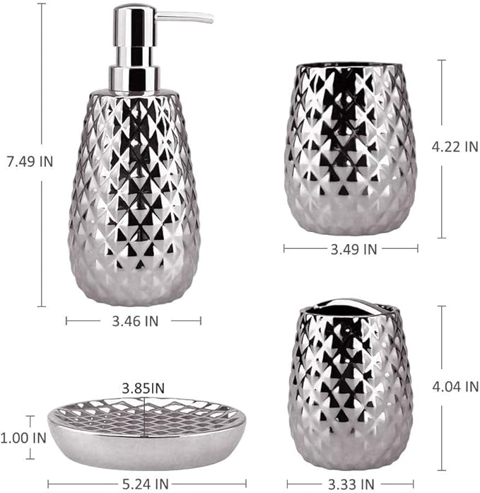 Silver Bathroom Accessories Set, Moroccan Trellis Bathroom Ensemble Complete Sets for Bath Decor Includes Soap Dispenser Pump, Toothbrush Holder, Tumbler, Soap Dish, Ideas Home Gift