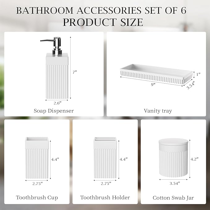 6-Piece White Bathroom Set - Modern Resin Bathroom Accessories Set with Soap Dispenser, Toothbrush Holder, Vanity Tray, Tumbler & Apothecary Jars for Small Spaces