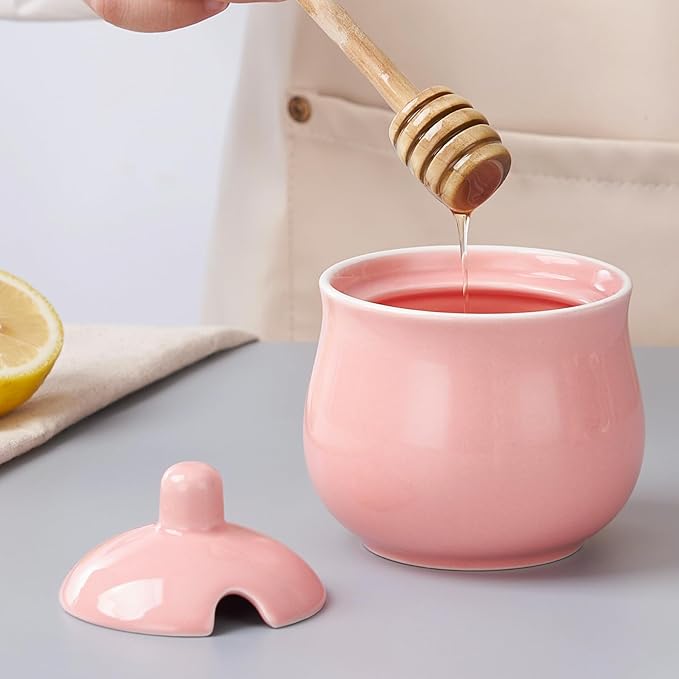 Ceramic Sugar Bowl with Lid and Spoon, Pink Porcelain Sugar Salt Pepper Storage Jar, 7 Ounces