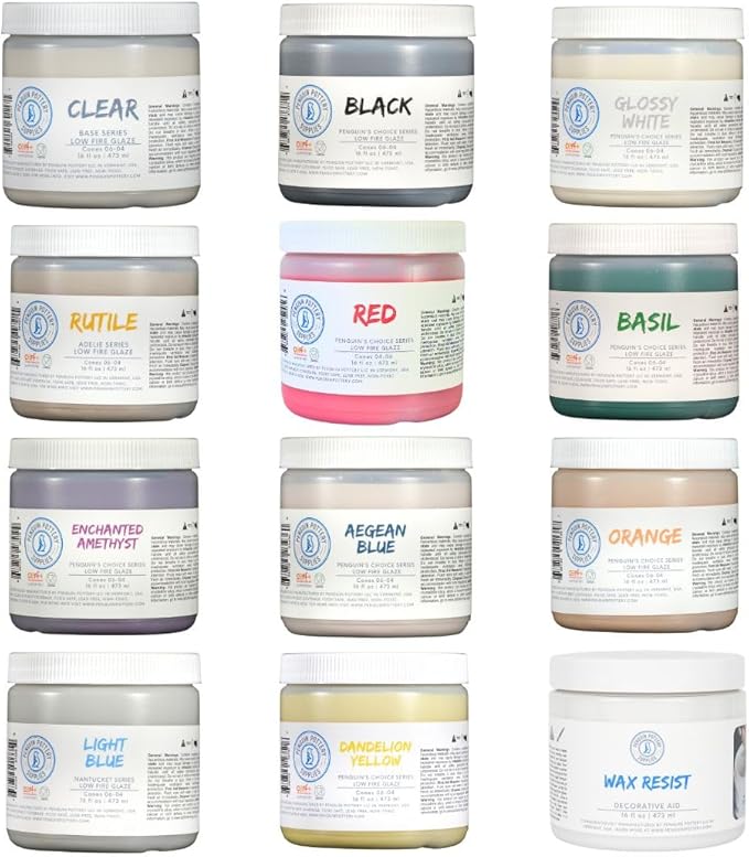 Penguin Pottery - School and Studio Pack - Low Fire Series - Cones 06 to 04 - Includes 11 Colors Plus Wax Resist - Savings for Schools, Universities and Studios.