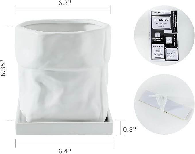 Nihow Ceramic Plant Pot: 6 Inch Planter with Drainage Hole & Square Saucer for Herbs/Plants, Bag Shape Design Flower Pot for Indoor & Outdoor Garden Decor - White