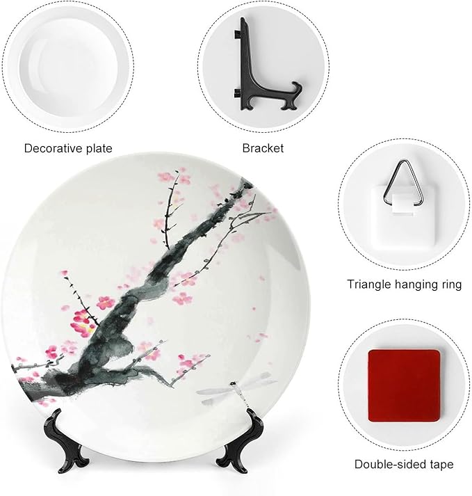 XISUNYA 7 Inch Decorative Plate, Dragonfly Ceramic Stoneware, Branch of Pink Cherry Blossom Sakura Tree Bud and Dragonfly Print Ceramic Wall Hanging for Home & Office Wall Hanging Decor