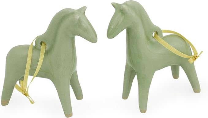NOVICA Artisan Handmade Celadon Ceramic Ornaments Unique Christmas Pair Green Thailand Holiday Decor Animal Themed Horse [4.1in H x 1.6in W x 3.5in D] ' A Season for Horses' Pair