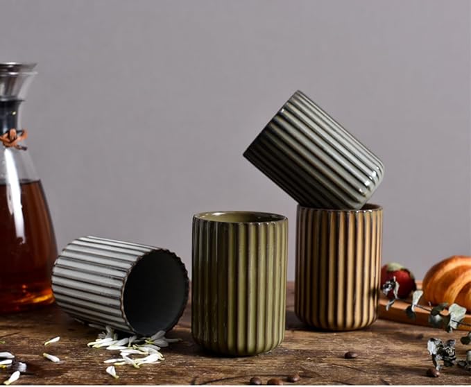 Stoneware Coffee Bar Utensil Holder Tea & Coffee Spoon & Stirrer Holder for Stir Stick Straw Teaspoon Holder Spoon Cup Small Utensil Jar Fluted Vertical Stripe (Retro Green)