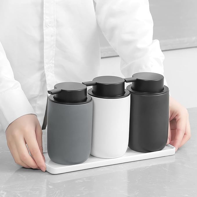 Hand Soap Dispenser for Bathroom Decro, Ceramic Liquid Pump Bottles Refillable Dish Dispenser for Kitchen Farmhouse Colleage Dorm, Matte Grey