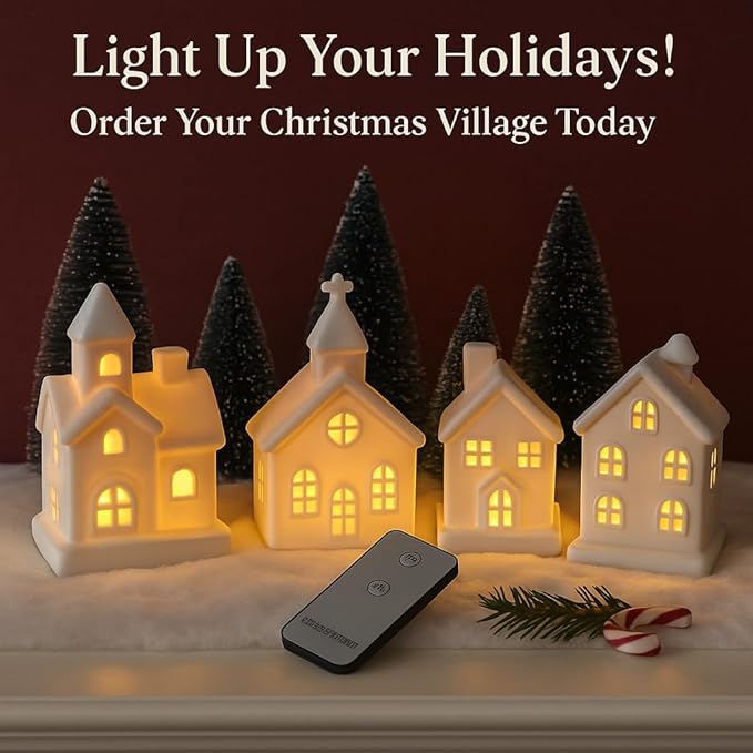 9 Pcs Christmas Village Figurines Sets - 4 Lighted Ceramic Houses with Remote Control & 5 Trees - Christmas Decorations Indoor - White Xmas Holiday Farmhouse Rustic Decor for Home Table Room