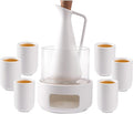 ZENS Sake Set with Warmer, 12 Ounce Embossed Ceramic Sake Bottle 6 Sake Cups and Glass Pot for Hot or Cold Japanese Sake, Sake Carafe Gift Sets with Cotton Towel