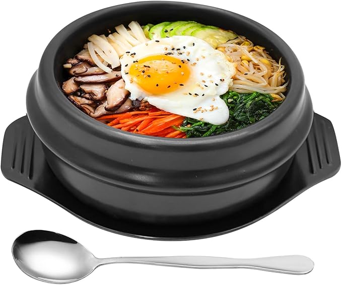 Korean Stone Pot Set with Tray and Stainless Steel Spoon, Ceramic Bowl for Bibimbap and Soup, No Lid (1500 ML (50 OZ))