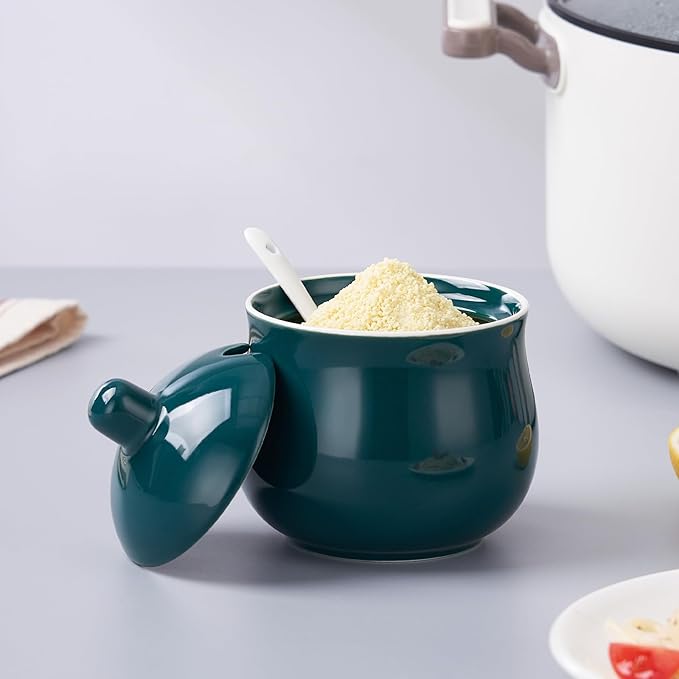 Ceramic Sugar Bowl with Lid and Spoon, Green Porcelain Sugar Salt Pepper Storage Jar, 12 Ounces
