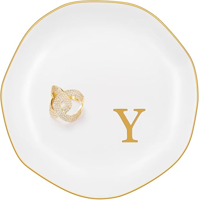 Ceramic Jewelry Tray, Personalized Initial Ring Dish, Elegant Trinket Tray for Rings Earrings Bracelet Necklaces, White Decorative Jewelry Holder for Women Vanity, 4.5 Inch, Letter Y