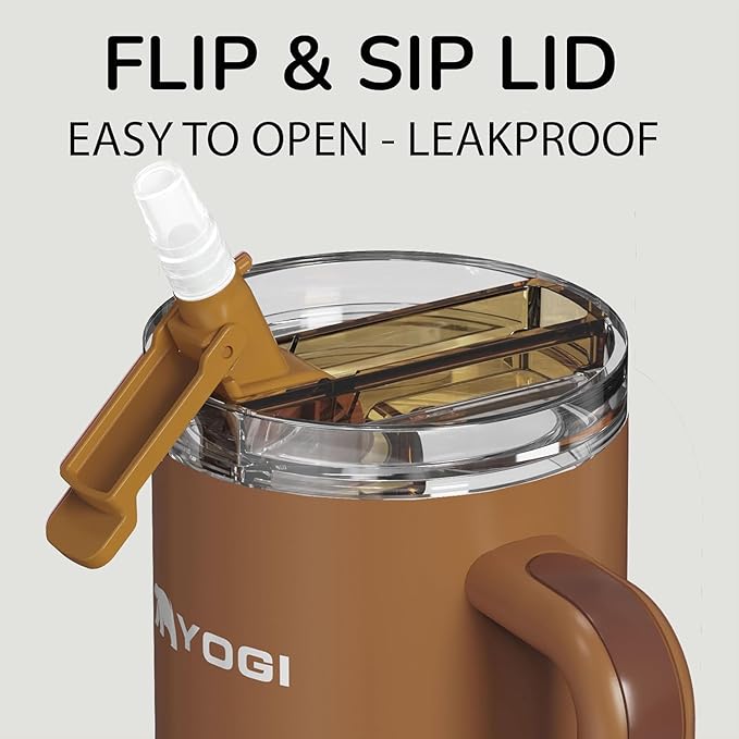 YOGI Ceramic Lined Metal Allergy Safe 40oz Tumbler with Handle and Straw Leakproof Flip & Sip Lid Vacuum Insulated Stainless Steel Travel Cup for Iced Coffee Water and All-Day Hydration 40oz Amber