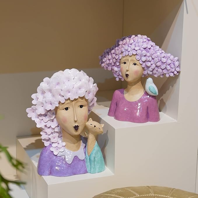 DiliComing Garden-Statues Women-Head Statues for Home Decor - 13 Inch Women with Cat Modern Art Statue, Resin Cat Sculptures for Garden, Tabletop, Livingroom and Office(Purple)