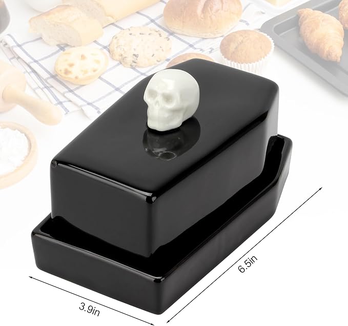 1 Pcs Ceramic Butter Dish with Lid Set, Black Gothic Skull Shape Butter Container Holds for Countertop, Ceramic Gothic Kitchen Utensils Butter Keeper for Table Decor Festivities Party Supplies