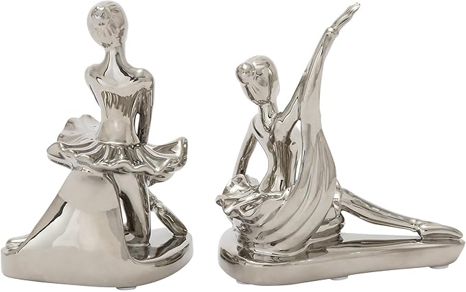 Deco 79 Porcelain Ceramic Dancer Decorative Sculpture Home Decor Statues, set of 2 Accent Figurines 6" x 3" x 7", Silver