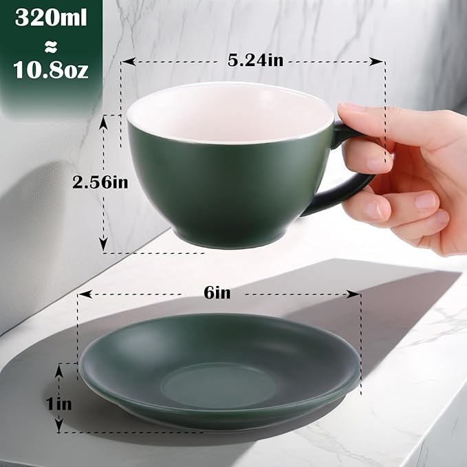 Yundu Matte Green Cappuccino Cups Set of 4-10oz Ceramic Latte Mugs with Saucers, Elegant Espresso Cups for Coffee & Tea