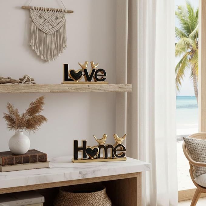 Ceramic Love & Home Sign Decor with Bird Statues Set 2,10" Modern Black Gold Tabletop Sculptures for TV Stand,Floating Shelf & Entryway,Romantic Wedding & Warm Housewarming Gift Set (Black)