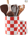 Utensil Holder，7.1"+5.8" Ceramic Kitchen Utensil for Counter top, Checkered Cooking Utensil Holder for Spatula & Spoon, Kitchen Decor, Set of 2 (Red Checkered)