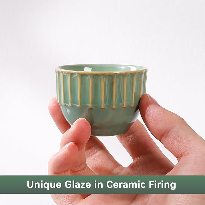 Ceramic Espresso Cups Set, Espresso Coffee Mugs, Special Glazed Demitasse Cups Expresso Coffee Cup for Espresso Machine (6-2oz-Stripe Bronze Green)