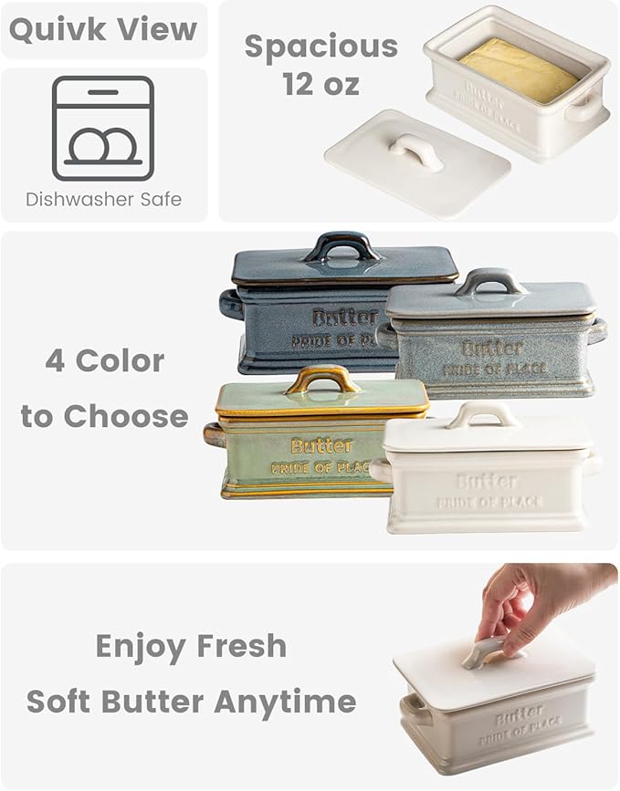 Butter Dish with Lid, Ceramic Butter Dish for Countertop Butter Holder Container Large Butter Keeper for East West Coast Butter, Mother's Day Kitchen Decor, White