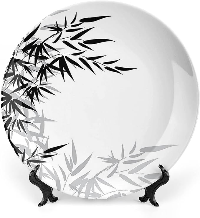 XISUNYA 6 Inch Decorative Plate, Janpese Decor Tableware Plate, Bamboo Leaves Art Print Ceramic Wall Hanging Decor Accessory for Dining Table Tabletop Home Decor