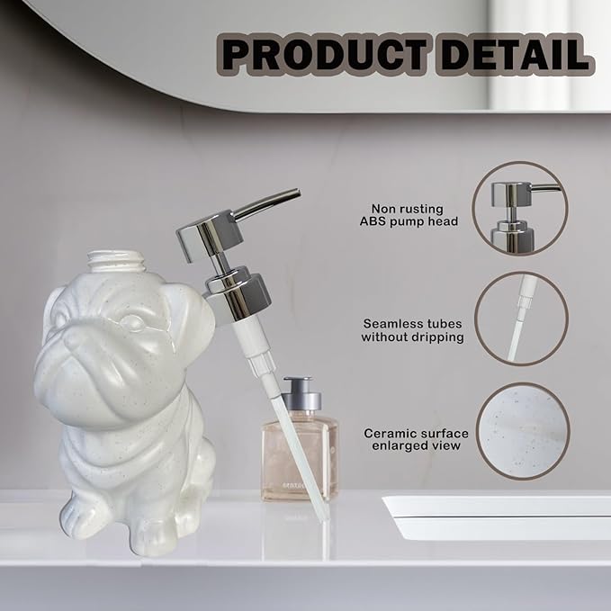 Dog Soap Dispenser, Caahanjia White Ceramic Lotion Dispenser, Funny Ceramic Lotion Dispenser, 15Oz Lotion Liquid Dispenser for Bathroom Kitchen Sink (White Dog)