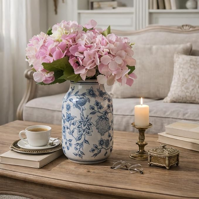SIDUCAL Blue and White Vintage Vase, 9.4 Inch Ceramic Chinoiserie Floral Vase, Retro Ice Cracked Blue and White Porcelain for Home Decor Centerpieces, Living Room, Bookshelf, Office