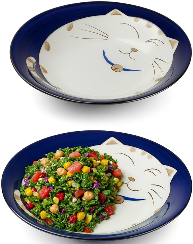 JapanBargain, Set of 2 Japanese Soup Bowls Shallow Porcelain Bowl for Curry Rice Cereal Poke Salad and Dessert, Maneki Neko Smiling Cat Pattern, Made in Japan, 8.5 inch, Blue Color