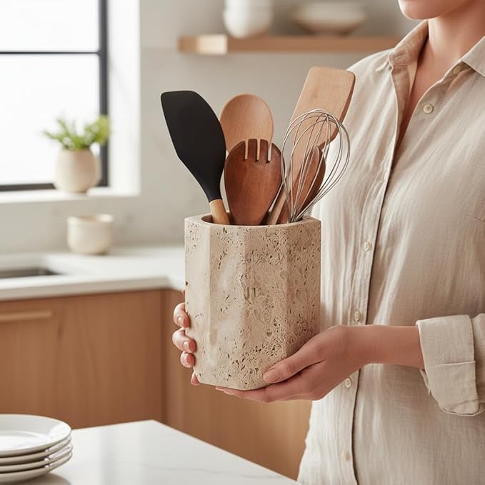 Marble Utensil Holder 6.5 Inch Stone Cooking Utensils Set Crock for Countertop Storage, Modern Travertine Utensil Caddy, Spoon Holder & Spatula Organizer for Kitchen Decor