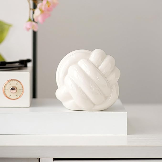 Hotfiary Small Ceramic Knot Statues Gold Home Decor, Modern Style Figurine Decorative Ball Ornaments, Sculpture Aesthetic Decor for Living Room, Bedroom, Apartment, Bookshelf, Office, Cabinets, White