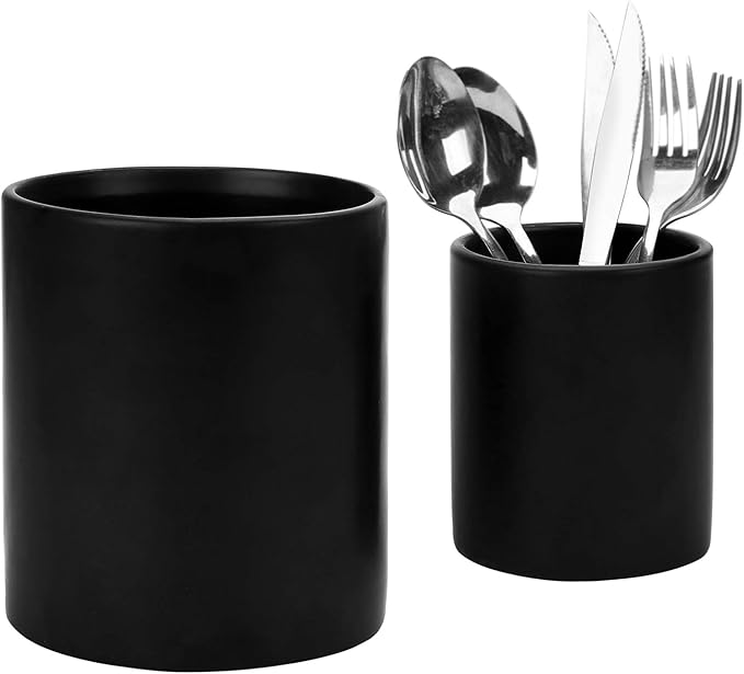 MyGift Set of 2 Black Ceramic Utensil Holder Kitchen Canister Cooking Tools Crock, Large and Small Countertop Silverware Caddy