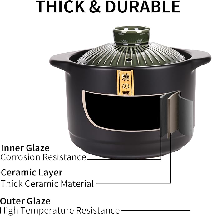 Ceramic Cooking Pot 2.1QT – Authentic Japanese Donabe Clay Pot – Earthenware Stew Pot for Slow Cooking, Casserole with Green Lid, Healthy & Non Toxic