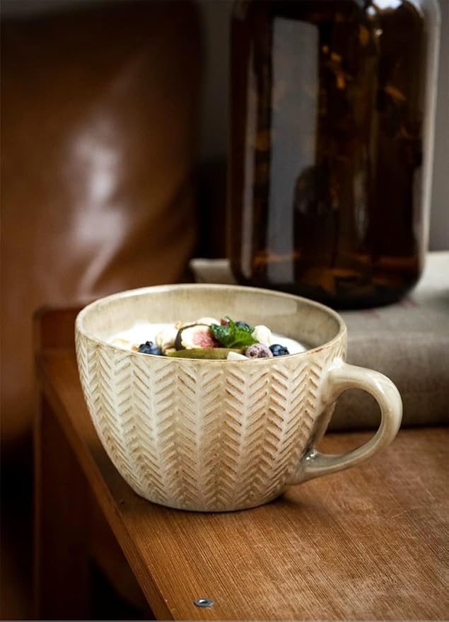 Large Mug, Ceramic Cup with Wood Saucer Set of 1, Cup for Coffee Tea Cereal Breakfast Milk Hot cocoa, Vintage Wheat Embossed Stoneware Mug, 13.3oz/400ml - Microwave Dishwasher Safe