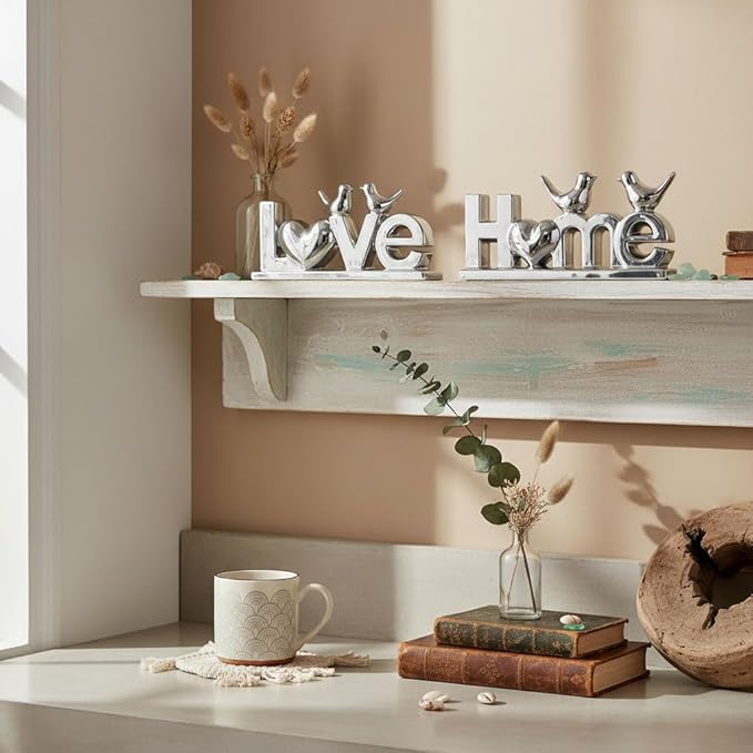 Ceramic Love & Home Sign Decor with Bird Statues Set 2,10" Modern Silver Tabletop Sculptures for TV Stand,Floating Shelf & Entryway,Romantic Wedding & Warm Housewarming Gift Set (Silver)