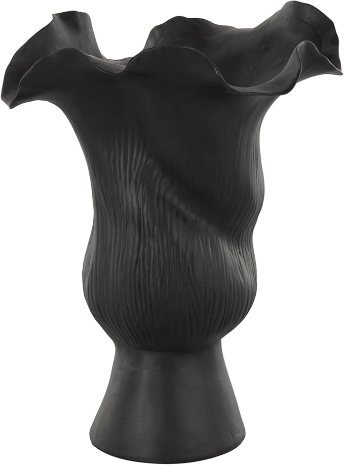 Deco 79 Ceramic Abstract Floral Inspired Vase with Wavy Folded Rim and Linear Grooves, 8" x 7" x 11", Black