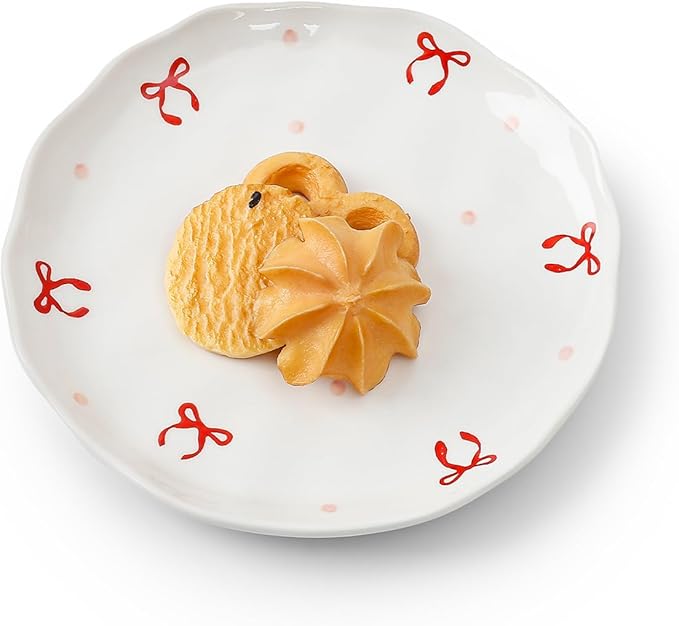 Koythin Ceramic Dessert Plates, Cute Fruits Dinner Plate, Printed Flowers Dinnerware for Office and Home, Kitchen Plates for Desserts (Double Line Bow)