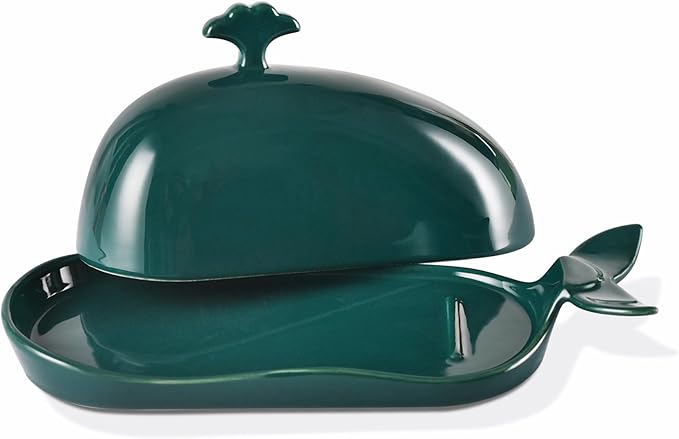 Porcelain Butter Dish for Countertop, Cute Whale Design, Ceramic Butter Dish with Handle, Funny Butter Storage Container, Ideal Gifts for Housewarming, Green