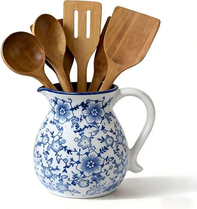 Rustic Ceramic Utensil Holder, 6.1" Modern Farmhouse Cooking Utensil Holder for Kitchen Counter with Handle, Kitchen Utensil Organizer Crock (Blue white)