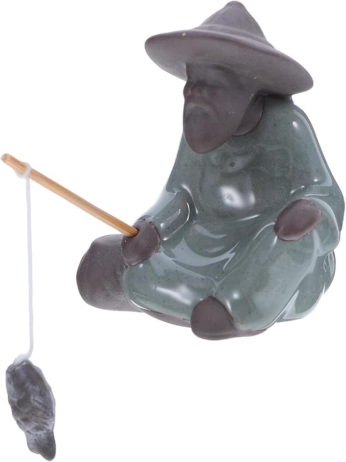 LIFKOME Porcelain Fisherman Figurine Old Chinese Fisherman Statue Micro Bonsai Sculpture Ceramic Miniature Garden Decor for Zen Bonsai Displays and Fish Tank Accents