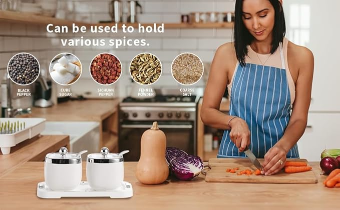 shuqiao Porcelain Condiment Jar Spice Container with Lid - Ceramic Spoon, Plastic Tray is the best clay pot for your home, kitchen, counter. White, 280 ml (9.4 oz), 2-piece set (3, Circle)