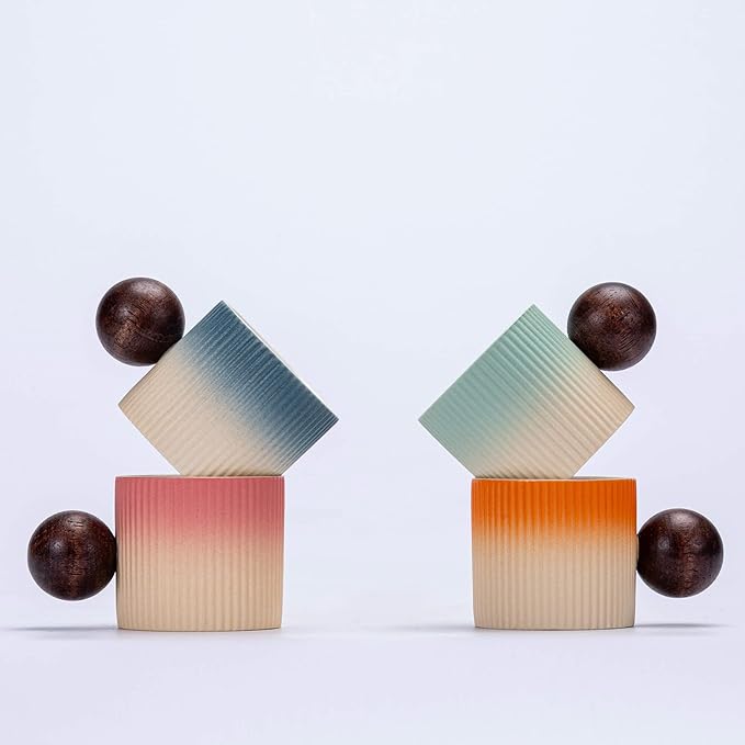 Ceramic Mini Espresso Cups Demitasse Cups with Round Wooden Handle Vertical Stripes Tea Cups (Beige&Pink, 4pcs)