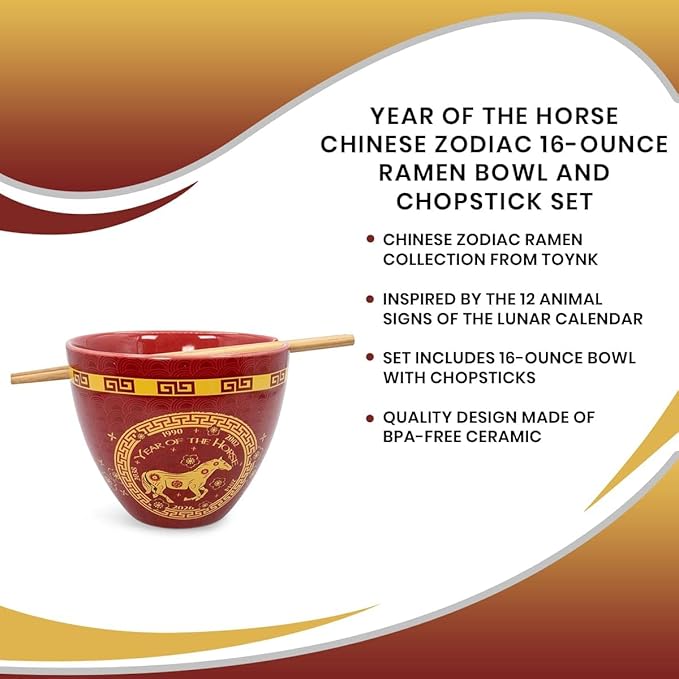 Boom Trendz Year Of The Horse Chinese Zodiac Ceramic Dinnerware Set | Includes 16-Ounce Ramen Noodle Bowl and Wooden Chopsticks Asian Food Dish For Home & Kitchen Kawaii Lunar New Gifts red One Size