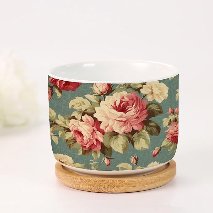 2 Piece Planters Ceramics Pink Cabbage Roses Romantic Small Ceramics Planter Cottage Chic Antique Pink Flower Ceramics Round Planter Asian Scenery Chinoiserie Plant Pot with Drainage