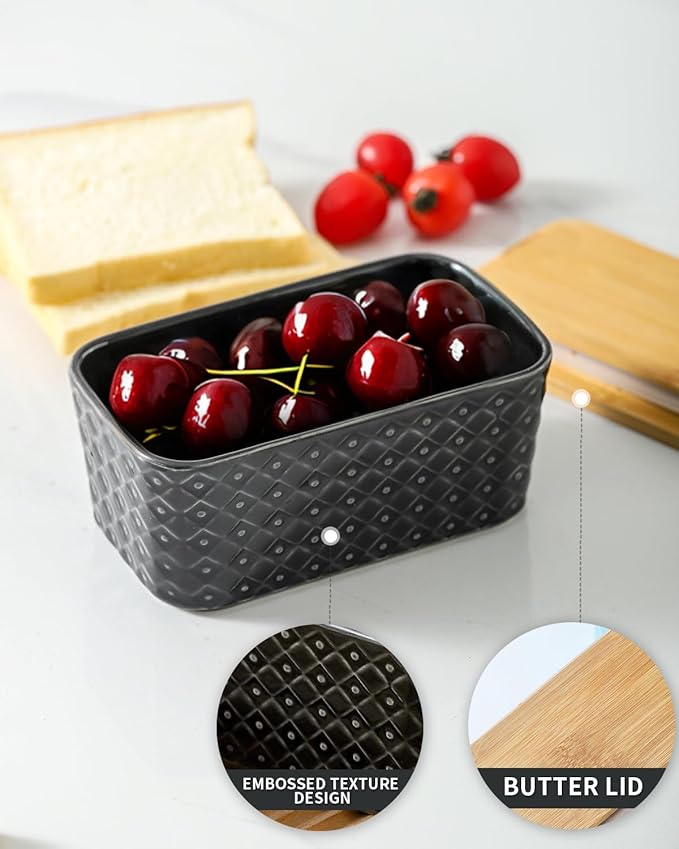 Hasense Ceramic Butter Dish with Lid, Black Large Butter Container for Countertop Airtight Butter Stick Covered Keeper, Embossed Pattern,Easy Clean Dishwasher Safe